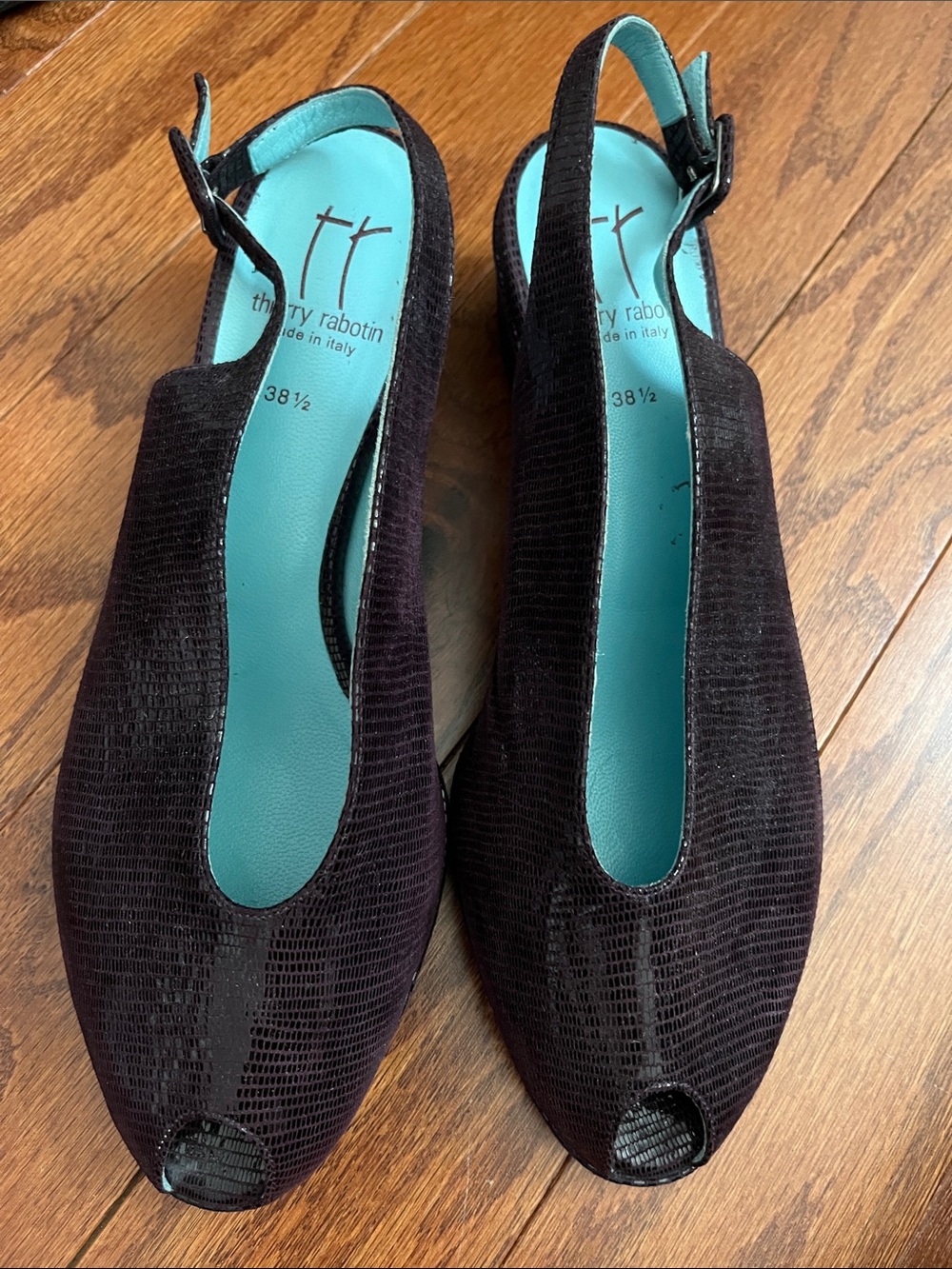 Thierry Rabotin Black Textured Peep-Toe Slingback Mules with Turquoise Insole